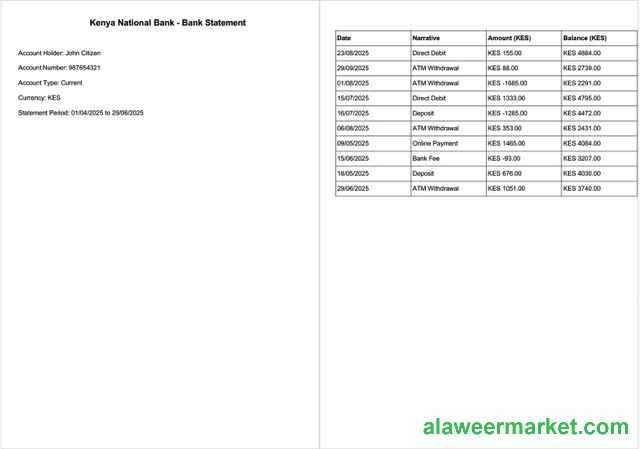 Kenya National Bank bank statement Word and PDF template, 2 pages
